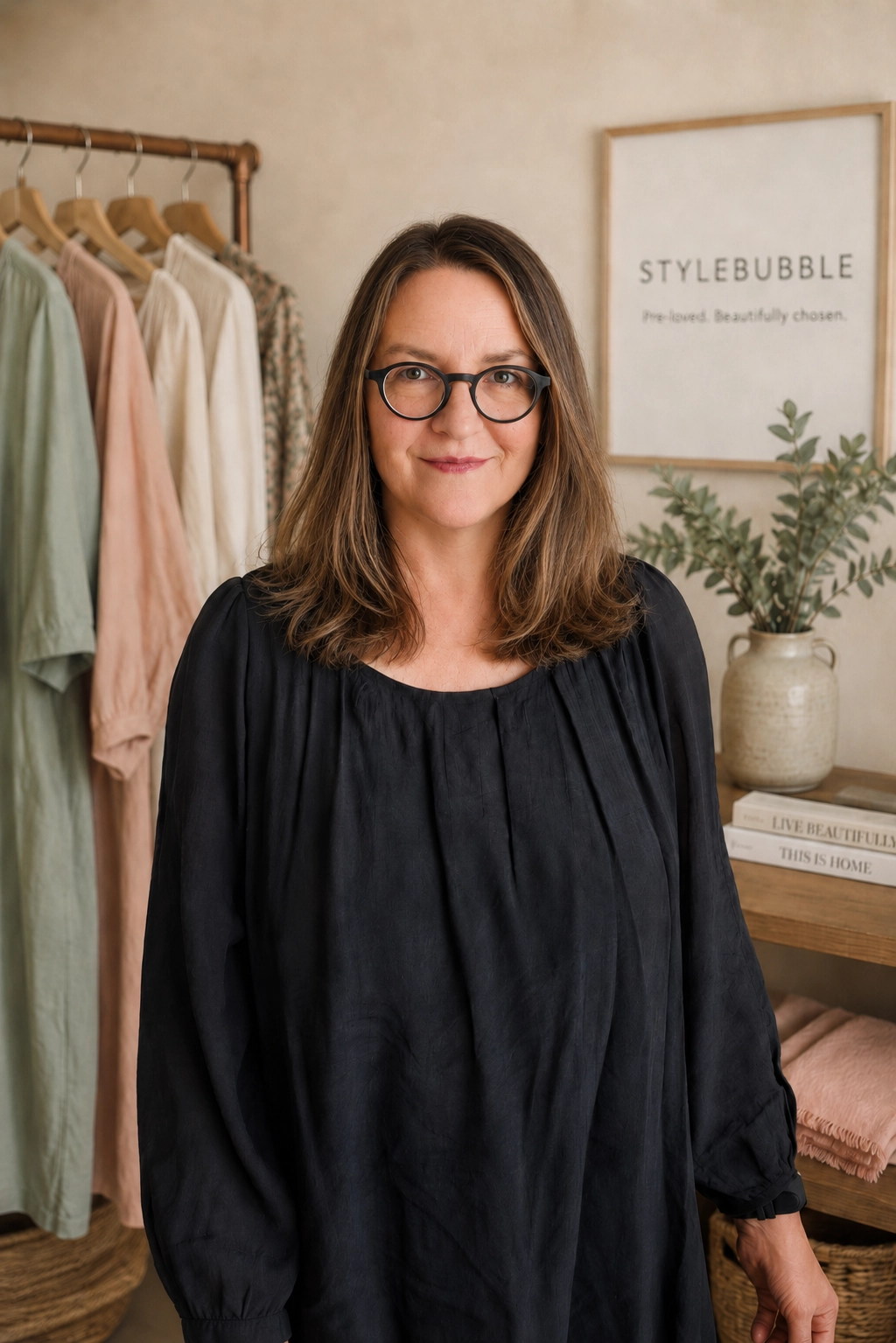 Karen, founder of Stylebubble, standing in a pre-loved fashion boutique